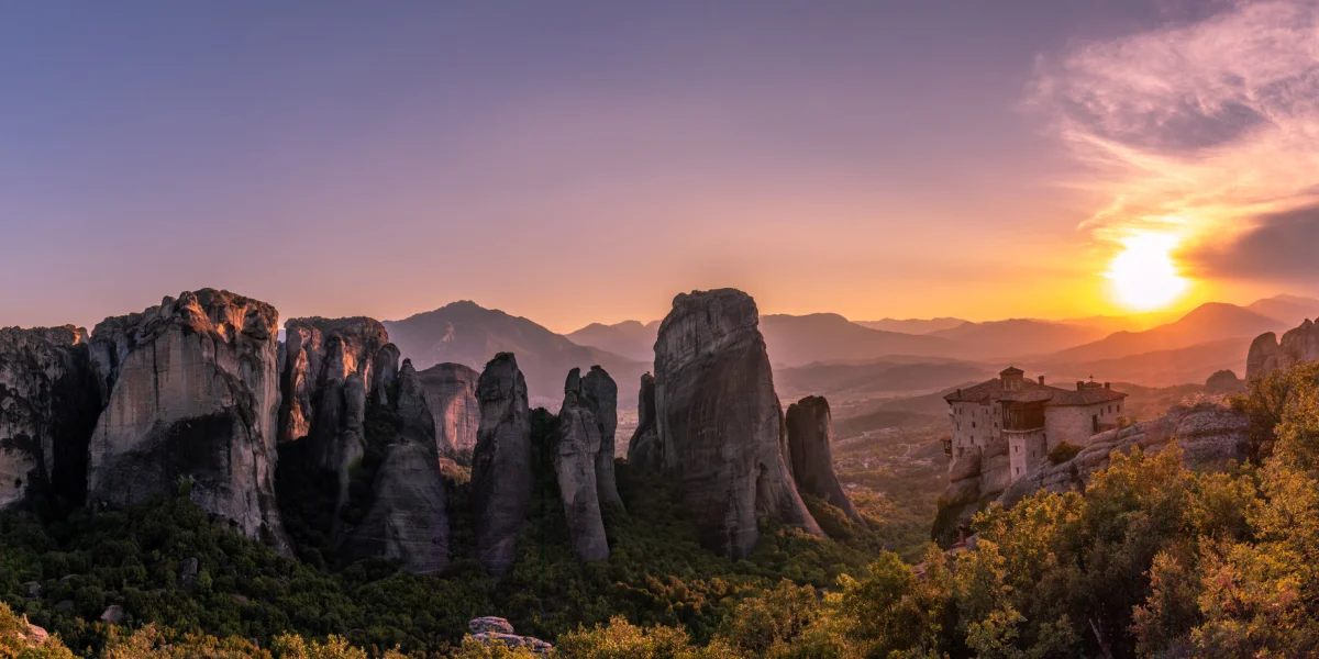 meteora at sunset